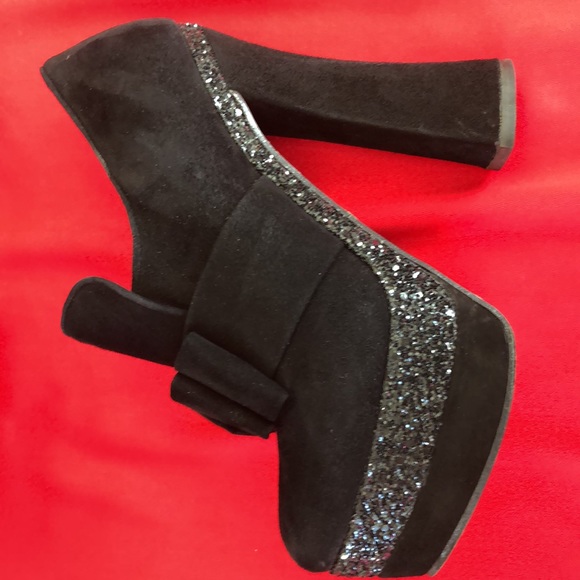 Mic Miu black suede bow booties with glitter platform - Picture 9 of 11